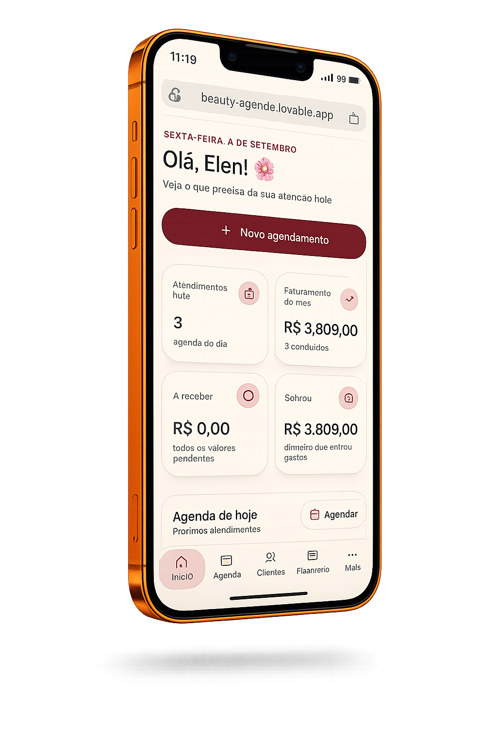 Tela de confirmação de agendamento da BelaPro em um iPhone dourado